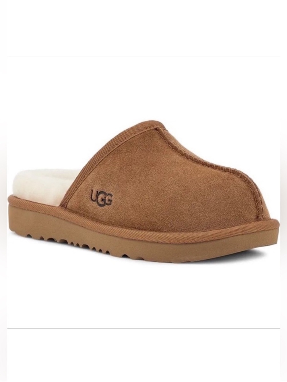 UGG Youth Keegan Chestnut Suede Open-Back Slide with Cream Shearling